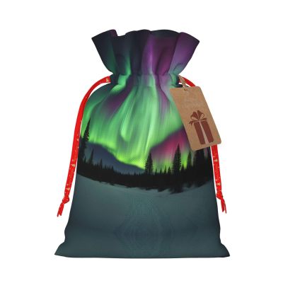 QASNLU Northern Lights Painting print Christmas pull string flax bag with tag party gift bag.Wedding festival packaging
