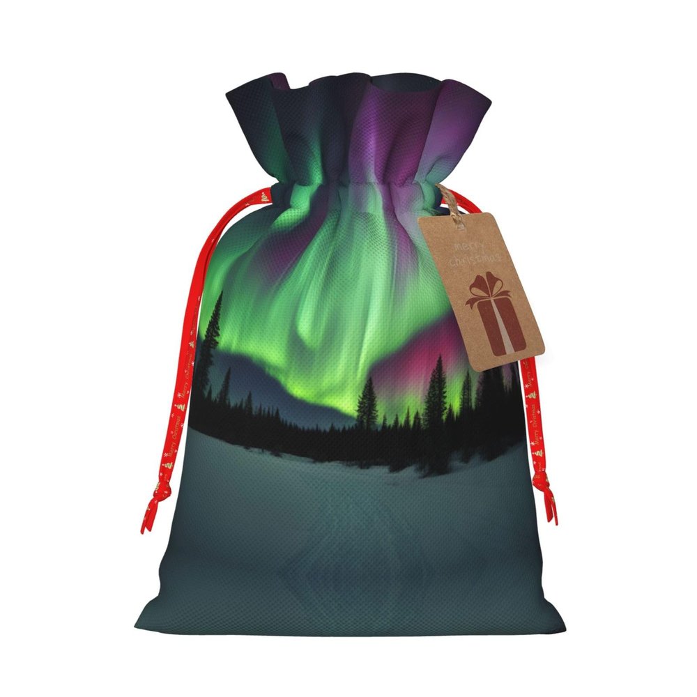 QASNLU Northern Lights Painting print Christmas pull string flax bag with tag party gift bag.Wedding festival packaging
