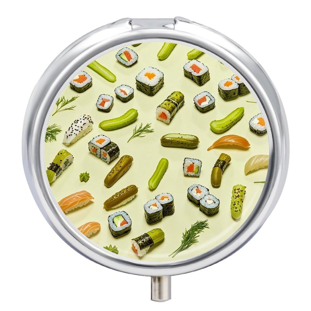 Pill Box with Mirror 3 Compartment Sushi Dill Pickles Pill Case for Purse Pocket Weekly Pill Organizer Travel Medicine Case Portable Pill Container Holder for Daily