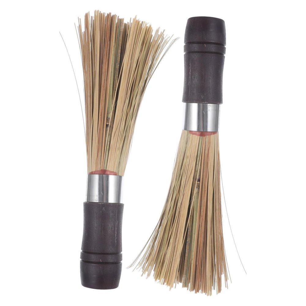 FOYTOKI 2pcs Natural Bamboo Pot Brush Kitchen Cleaning Multi-Purpose Wok Pan Cleaning Easy to Store Non-Slip Handle