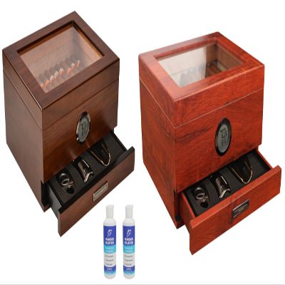 Handcrafted Spanish Cedar Glass Top Cigar Humidor Box & Cigar Humidor Reddish Brown(25-55 Cigars) and Two Humidor Solution