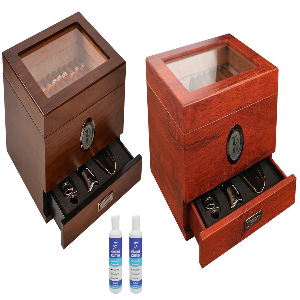 Handcrafted Spanish Cedar Glass Top Cigar Humidor Box & Cigar Humidor Reddish Brown(25-55 Cigars) and Two Humidor Solution