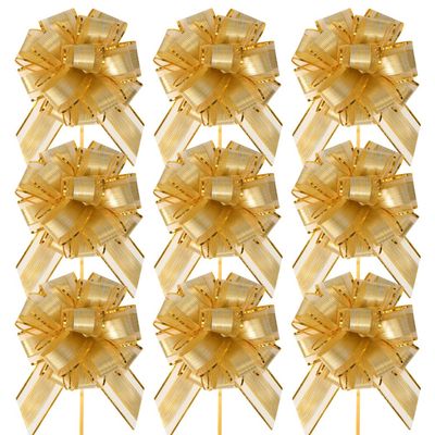 10 Pcs 16cm Large Organza Pull Bows Big Flower Bouquet Bows Florist Packaging Bows Hamper Basket String Bows Birthday Party Ribbon Bows for Decoration Golden