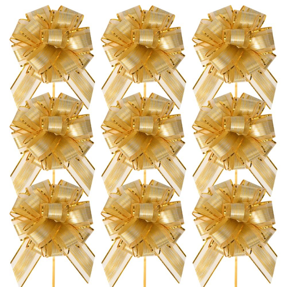 10 Pcs 16cm Large Organza Pull Bows Big Flower Bouquet Bows Florist Packaging Bows Hamper Basket String Bows Birthday Party Ribbon Bows for Decoration Golden