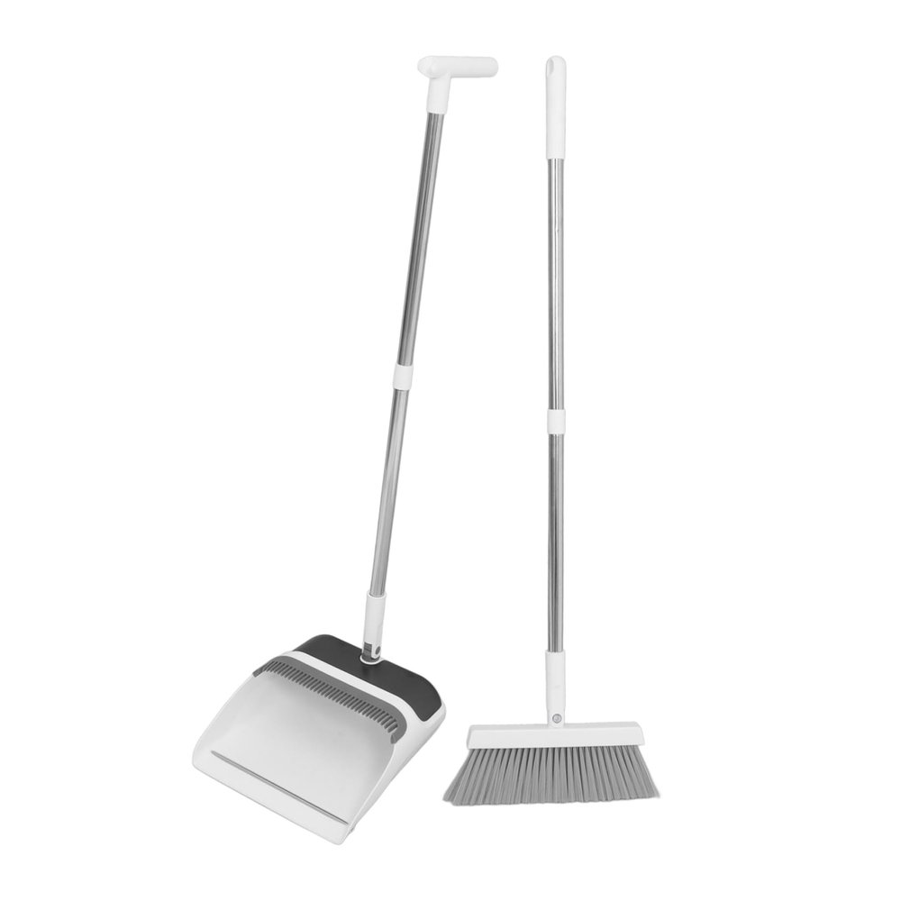 BUTIFULSIC 1set Ergonomic Broom and Dustpan Set for Home Office Cleaning Heavy-Duty Soft Bristles Convenient Storage White Foldable Design