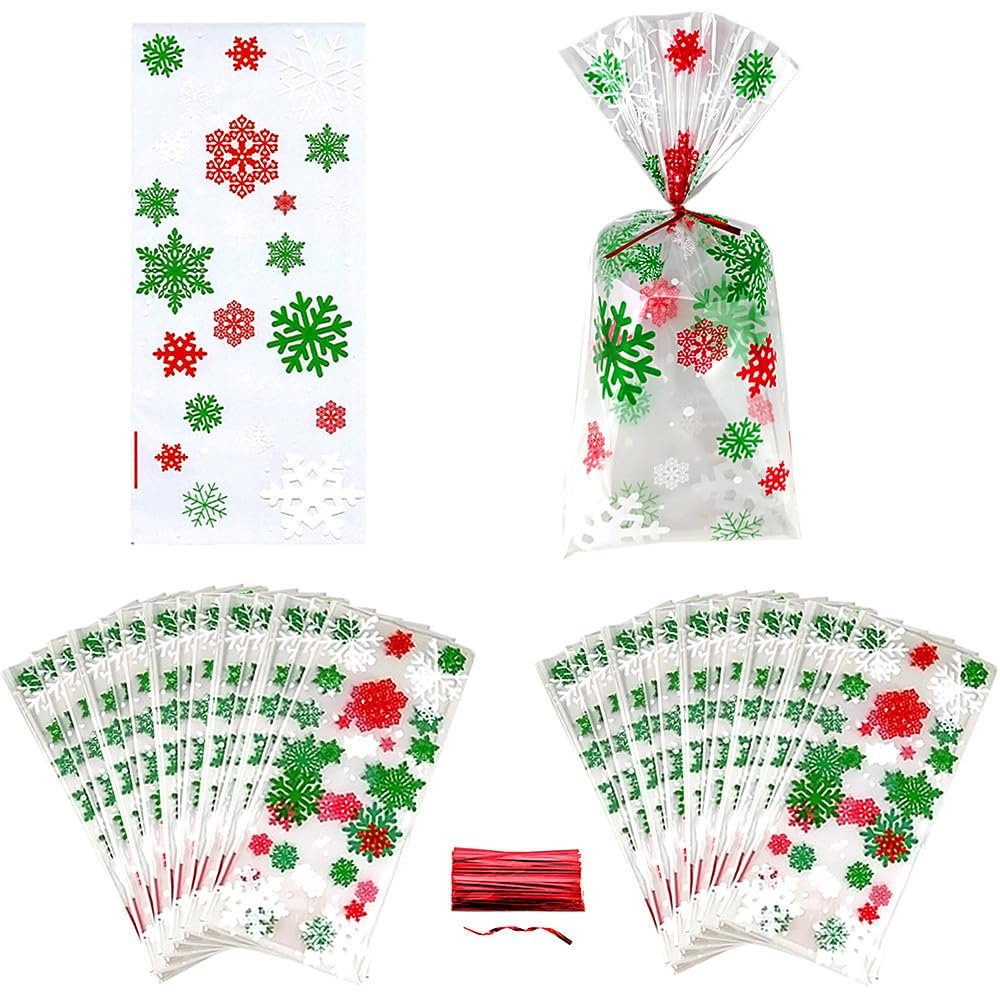 SaktopDeco 100 PCS Cellophane Bags Snowflake Gift Bags Colorful Snowflake Cellophane Treat Bags Candy Bags with Twist Ties for Party Supplies