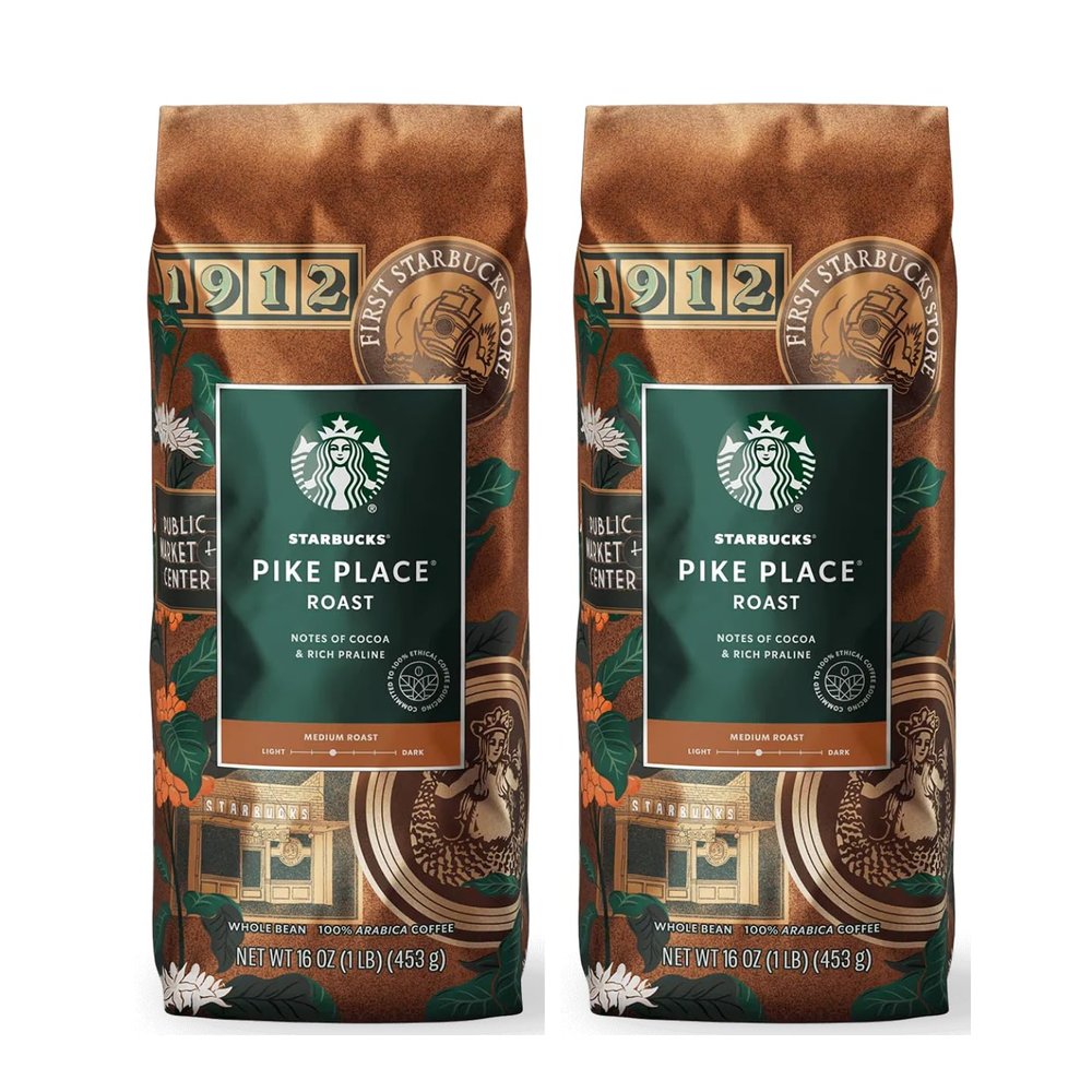 Pike Place Medium Roast Whole Bean Coffee, 16oz Bags (2-Pack)  100% Arabica, Smooth & Well-Rounded with Cocoa & Praline, Includes Direct Coffee Tea Est 2019 Brand Sticker