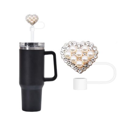 1pc 10mm Heart Pearl Straw Cover Lovely Drinking Straw Tips Cover Reusable Straw Protector Topper for 0.4in Straws Silicone Cup Accessories (A)