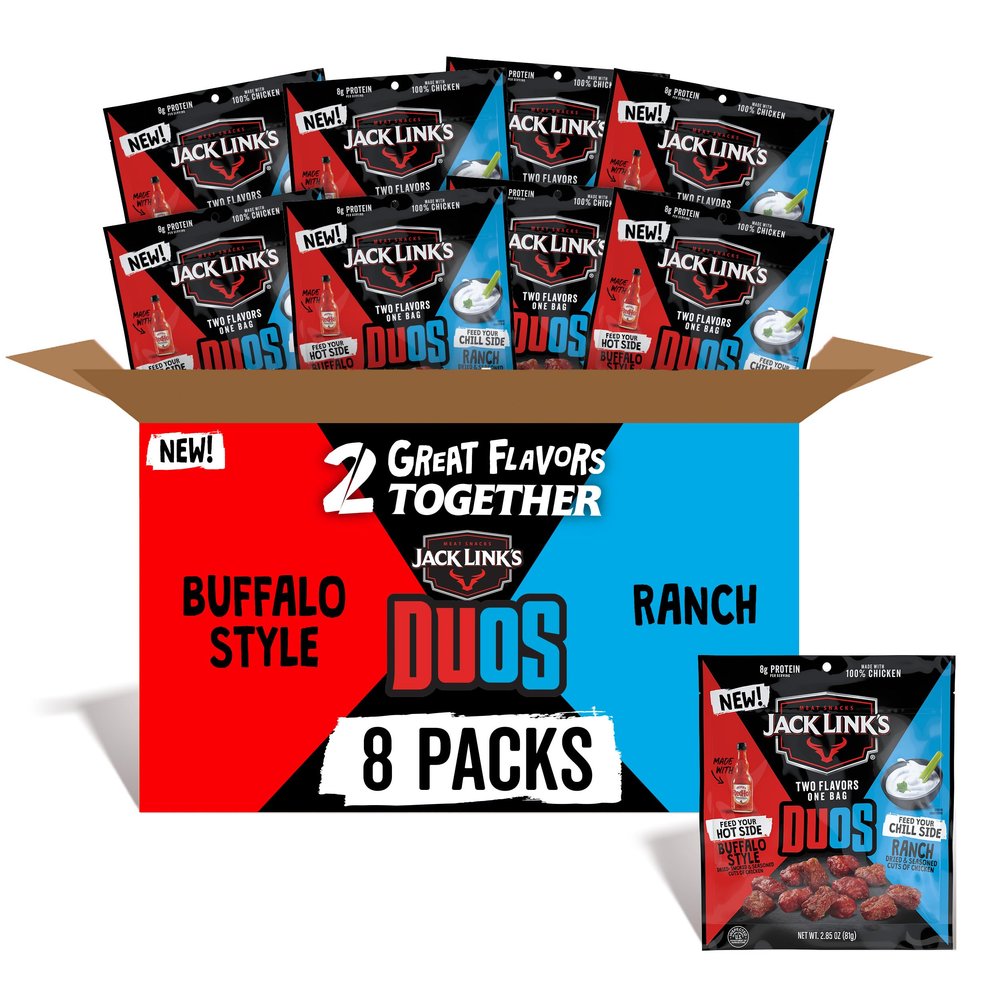 Jack Link's DUOs Frank's RedHot Buffalo Style With Creamy Ranch Flavor Chicken Bites, Under 100 Calories Snacks, 8g of Protein, Feed Your Beast Side With Individual Meat Snack Bags 2.85oz (8 Count)