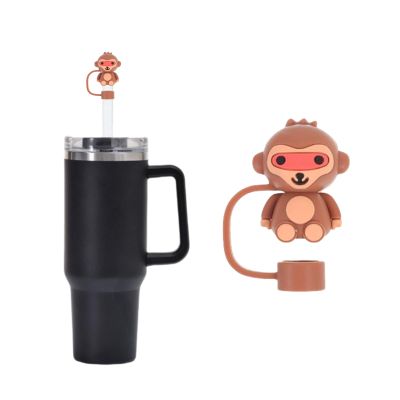 1Pc 10mm Cute Monkey Covers Cap, Cover Compatible for Stanley 30&40 Oz Tumbler, Animal Straw Caps in Various Shapes Silicone Toppers, Drinking Straw Caps