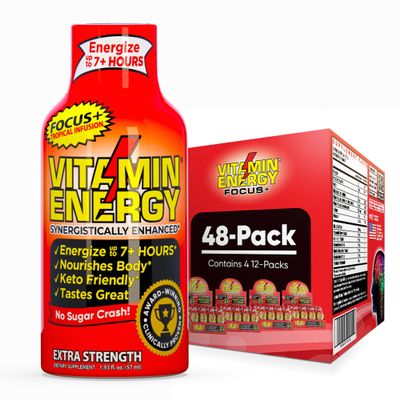 Vitamin Energy Focus+ Extra Strength Energy Shot Tropical Infusion 48 Pack, 260mg Natural Caffeine, B-Vitamins, CoQ10, Amino Acids, Focus, Productivity & Clarity, Zero Sugar, Gluten-Free, 1.93 fl oz