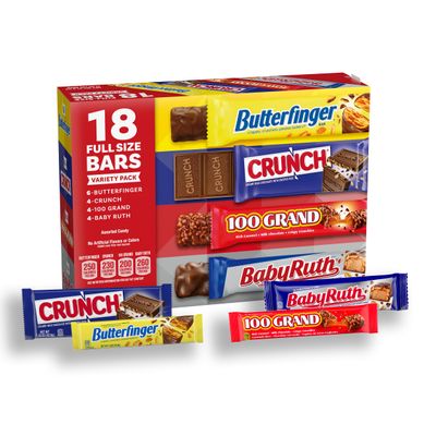Assorted Butterfinger, Crunch, Baby Ruth, and 100 Grand Full Size Chocolates, 18 count, 31.2 oz