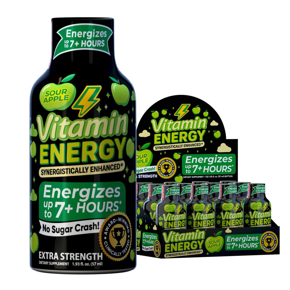 Vitamin Energy Workout+ Extra Strength Energy Shot Sour Apple 12 Pack, 260mg Natural Caffeine, Pre-Workout, B-Vitamins, Minerals, Endurance & Performance, Zero Sugar, Gluten-Free, Vegan, 1.93 fl oz