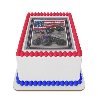 Trucks with US flag by Bob Giordano Edible Icing Sheet cake topper for 1/4 Sheet cake or larger