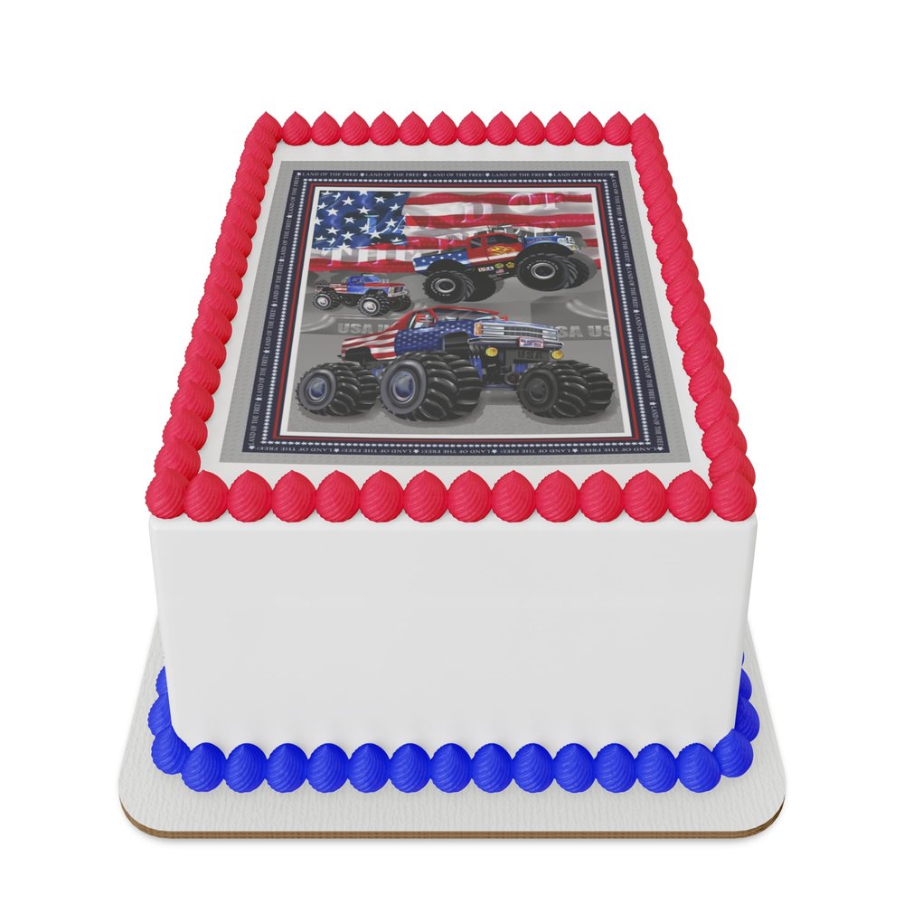 Trucks with US flag by Bob Giordano Edible Icing Sheet cake topper for 1/4 Sheet cake or larger
