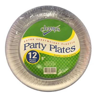 CHAMPS 9 Clear Polystyrene Plates 12 Count (Disposable, Elegant & Durable) for Parties, Buffets & Everyday Use (Pack of 12)