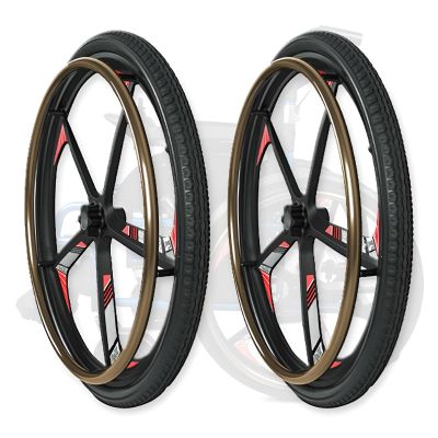 2pcs 24 Inch Electric Wheelchair Replacement Rear Wheels, 241.75 PU Solid Tires, Magnesium Alloy Wheel Hub with Handrim