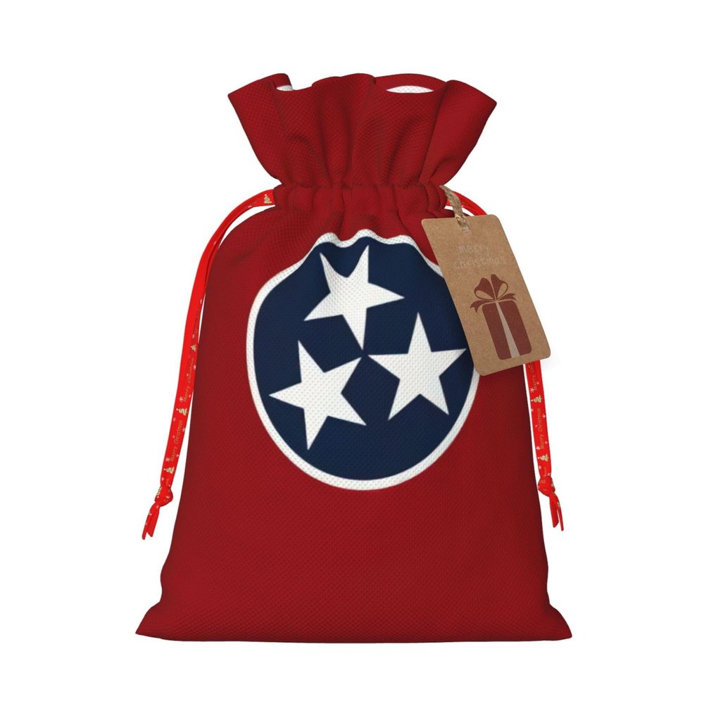 QASNLU Tennessee state flag print Christmas pull string flax bag with tag party gift bag.Wedding festival packaging