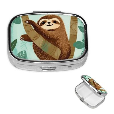 Square Pill Box Hug Tree Sloth Pill Case 2 Compartment for Purse Cute Metal Pill Organizer Portable Travel Pillbox Mini Small Pill Container Holder to Hold Vitamins Fish Oil Supplements