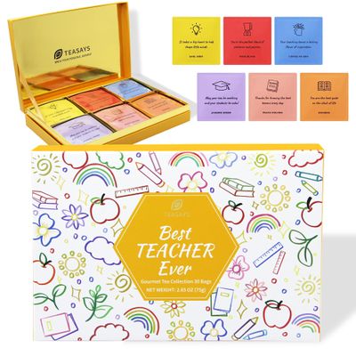Teacher Appreciation Tea Gift Set, TEASAYS Best Teacher Ever Tea Collection, Tea Sampler Gift Set with Thank You Messages, 30 Premium Whole Leaf Tea Bags, Thoughtful Gift for Teachers and Educators
