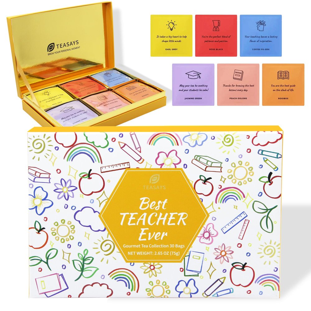 Teacher Appreciation Tea Gift Set, TEASAYS Best Teacher Ever Tea Collection, Tea Sampler Gift Set with Thank You Messages, 30 Premium Whole Leaf Tea Bags, Thoughtful Gift for Teachers and Educators