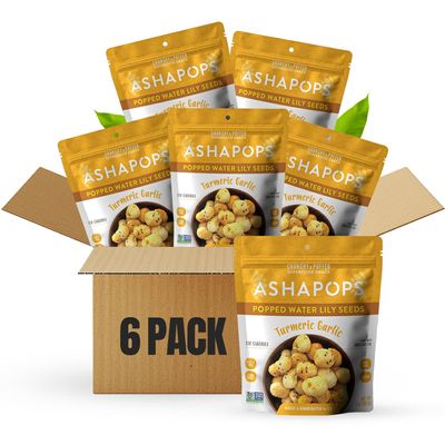 AshaPops Turmeric Garlic Flavored Popped Water Lily Seeds, 1 oz (Pack of 6) - Gluten-Free, Vegan, Paleo, Nut-Free, Corn-Free, Soy-Free, Non-GMO, Delicious Plant-Based Crunchy Snack