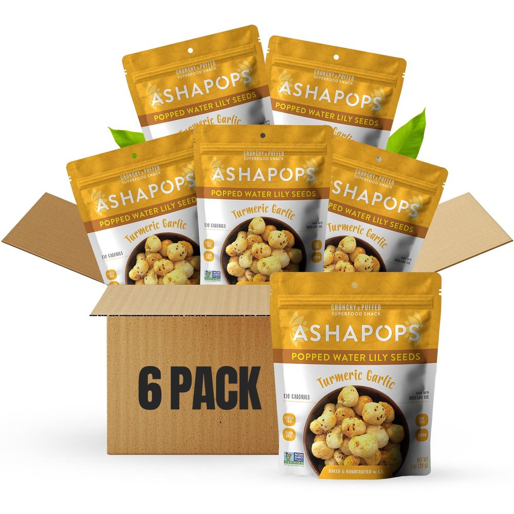 AshaPops Turmeric Garlic Flavored Popped Water Lily Seeds, 1 oz (Pack of 6) - Gluten-Free, Vegan, Paleo, Nut-Free, Corn-Free, Soy-Free, Non-GMO, Delicious Plant-Based Crunchy Snack