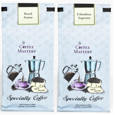 Coffee Masters South America Coffeee Sampler - Brazil Santos and Colombia Supremo 12 oz Ground Coffee