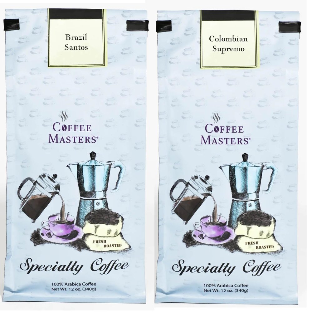 Coffee Masters South America Coffeee Sampler - Brazil Santos and Colombia Supremo 12 oz Ground Coffee