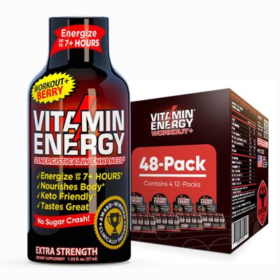 Vitamin Energy Workout+ Extra Strength Energy Shot Berry 48 Pack, 260mg Natural Caffeine, Pre-Workout, B-Vitamins, Minerals, Endurance & Performance, Zero Sugar, Gluten-Free, Vegan, 1.93 fl oz