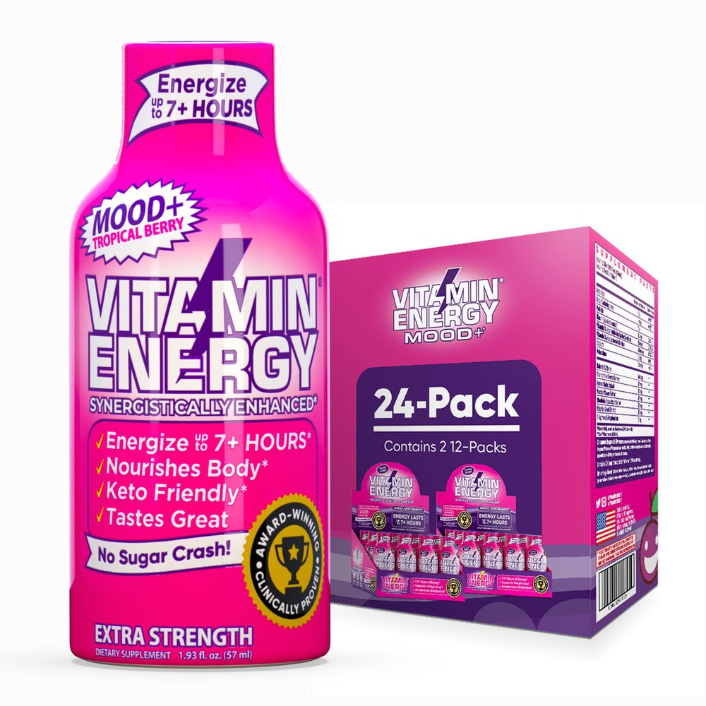Vitamin Energy Mood+ Extra Strength Energy Shot Tropical Berry 24 Pack, 260mg Natural Caffeine, B-Vitamins, Rhodiola, Chamomile, Mood & Energy Support, Zero Sugar, Gluten-Free, Vegan, 1.93 fl oz