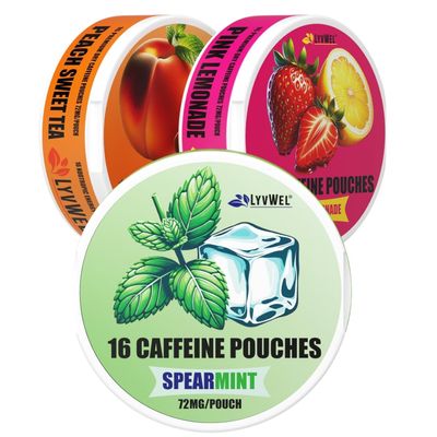 LyvWel 72mg Caffeine Energy Pouches  Spearmint, Peach Sweet Tea, Pink Lemonade  Clean Energy & Focus with Guarana  3-Pack (48 Total Pouches)