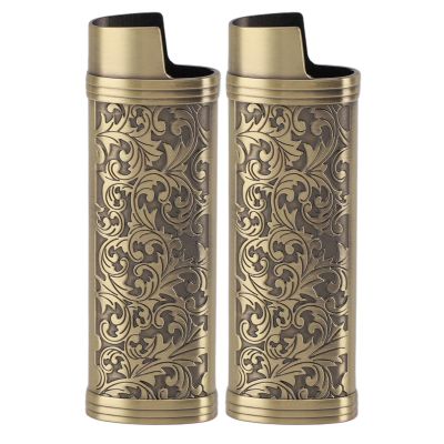 2pcs Lighter Case Cover Vintage Floral Pattern Stamp Zinc Alloy Shell for Lighter (Bronze)