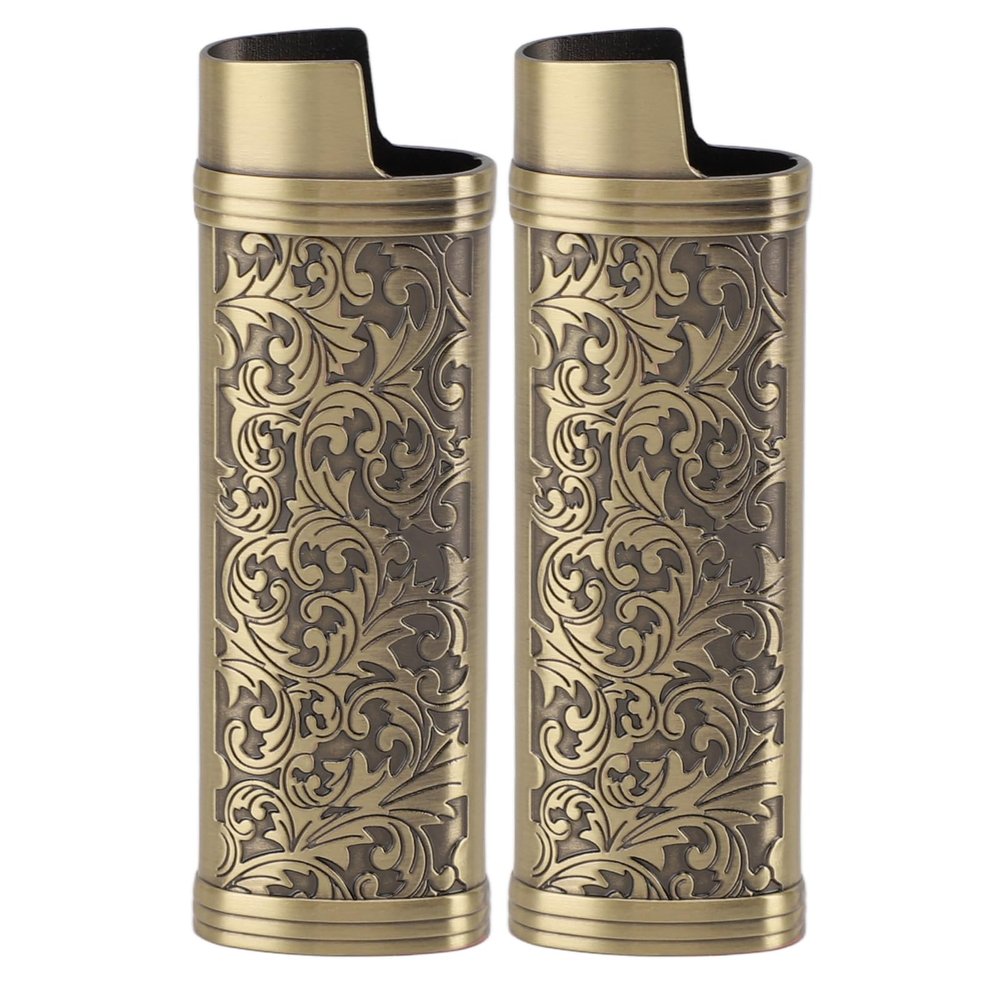 2pcs Lighter Case Cover Vintage Floral Pattern Stamp Zinc Alloy Shell for Lighter (Bronze)