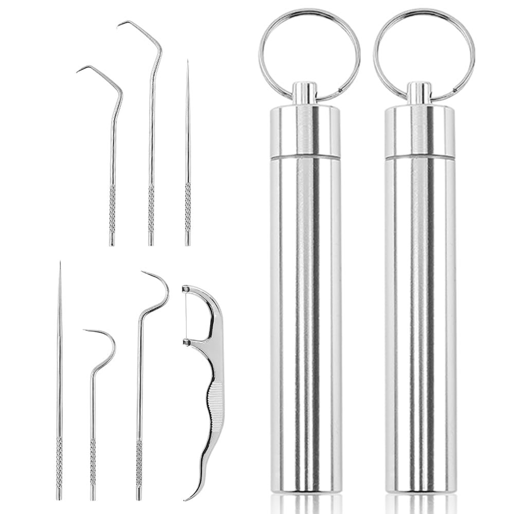 7 Pcs Stainless Steel Toothpick Set, 2024 Premium Toothpicks Cleaning Kit for Outdoor Camping Traveling, Reusable Toothpick Set(14)