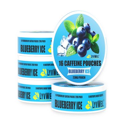 LyvWel 72mg Caffeine Energy Pouches  Blueberry Ice  Frosted Berry Energy with Guarana  5-Pack (80 Total Pouches)
