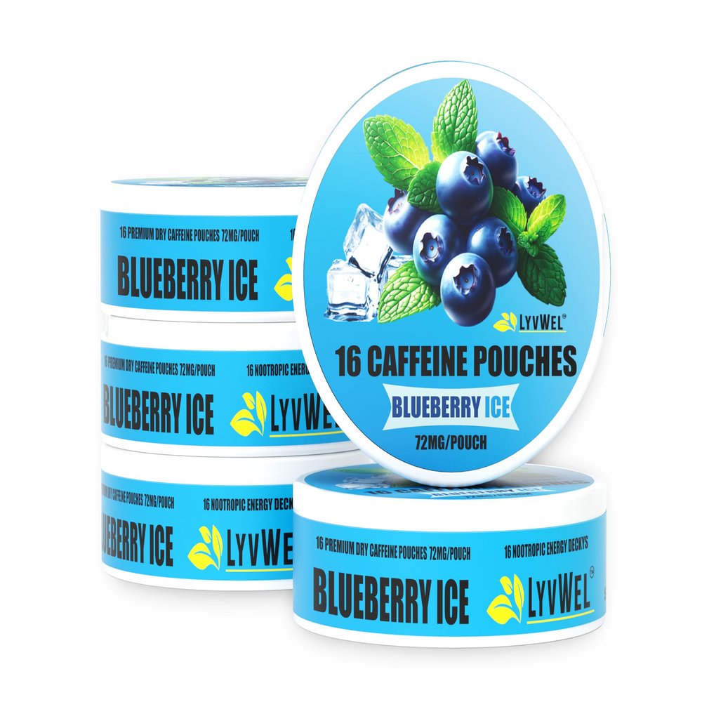 LyvWel 72mg Caffeine Energy Pouches  Blueberry Ice  Frosted Berry Energy with Guarana  5-Pack (80 Total Pouches)