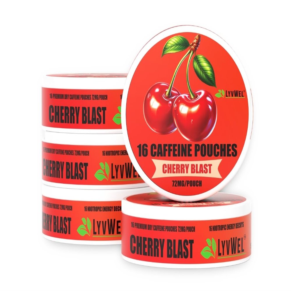LyvWel 72mg Caffeine Energy Pouches  Cherry Blast  Bold, Tart Energy with Guarana  5-Pack (80 Total Pouches)