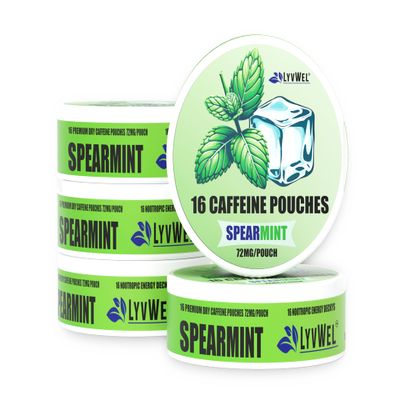 LyvWel 72mg Caffeine Energy Pouches  Spearmint  Refreshing Mint Energy with Guarana  5-Pack (80 Total Pouches)