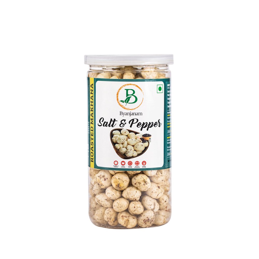 Byanjanam Roasted Makhana, Salt & Pepper Roasted Makhana (Foxnuts/Lotus Seeds) Rich in protein and fiber Ready-to-eat snack Ideal for snacking