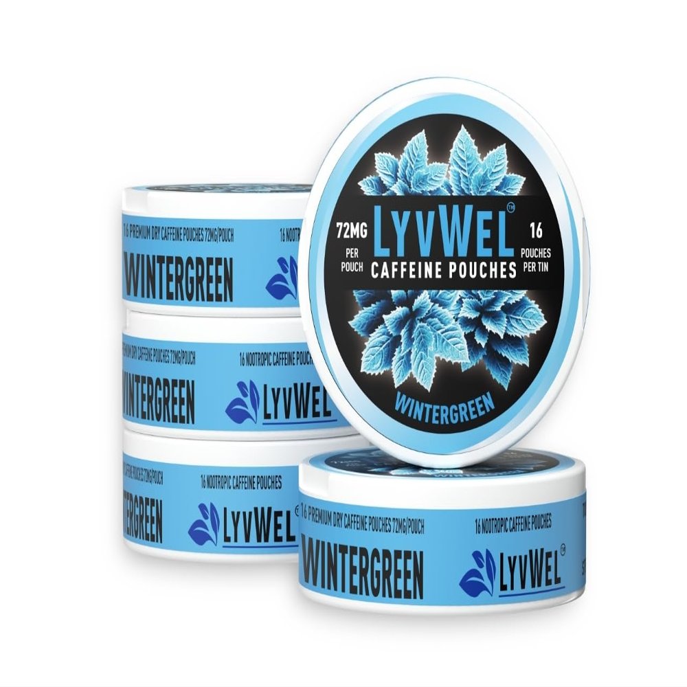 LyvWel 72mg Caffeine Energy Pouches  Wintergreen  Crisp Mint Energy with Guarana  5-Pack (80 Total Pouches)