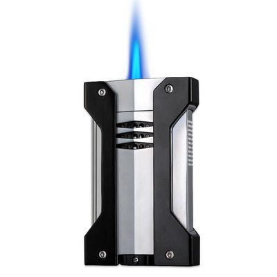 HUZHUAN Ultra-Thin Butane Lighter, Stainless Steel Cigar Lighter, Adjustable Flame Size, Refillable Gas Belt, Blue Jet Flame Torch Windproof Lighter, High-end Gift for Husband and Father(Silver)