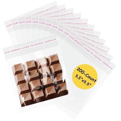Yeaban 5.5"x5.5" Clear Self-Sealing Cellophane Bags, Resealable Treat Bags for Candy Snack Cookies Baked Food and Party Favors, 200-Count