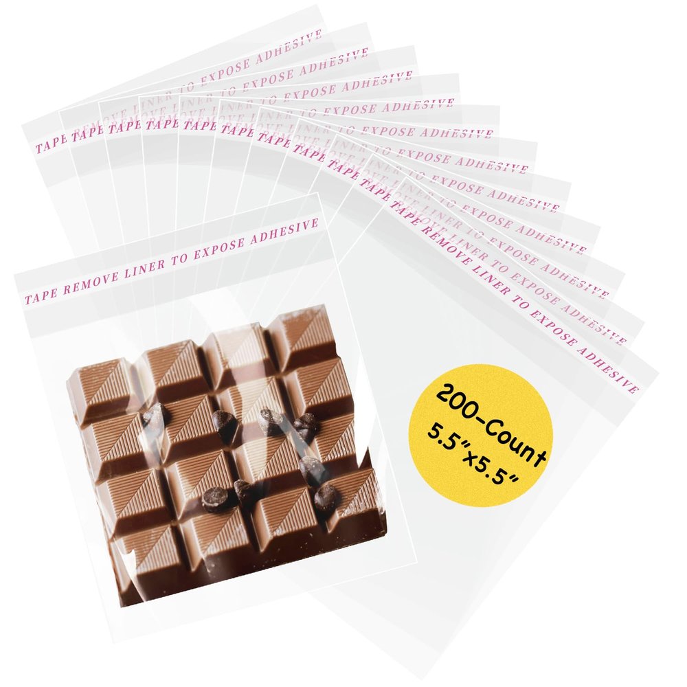 Yeaban 5.5"x5.5" Clear Self-Sealing Cellophane Bags, Resealable Treat Bags for Candy Snack Cookies Baked Food and Party Favors, 200-Count