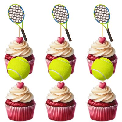 18pcs Glitter Tennis Ball Cupcake Topper for Tennis Sport Theme Party Favors Decorations Men Women Happy Birthday Party Decor Supplies