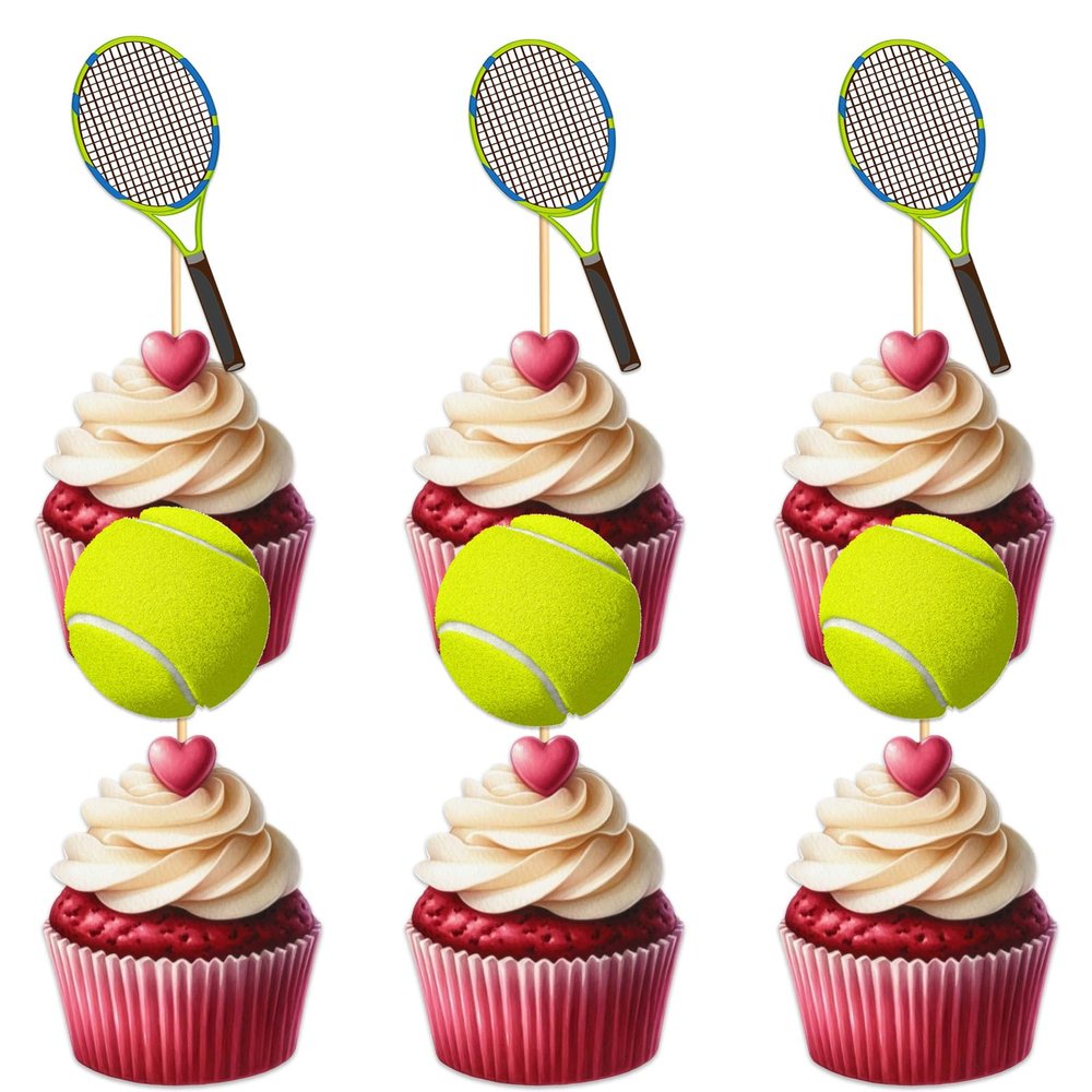 18pcs Glitter Tennis Ball Cupcake Topper for Tennis Sport Theme Party Favors Decorations Men Women Happy Birthday Party Decor Supplies