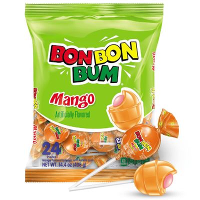 Fruity Lollipop Bon Bon Bum with Bubble Gum center Perfect for Parties and Sharing (24 Pieces, Mango)