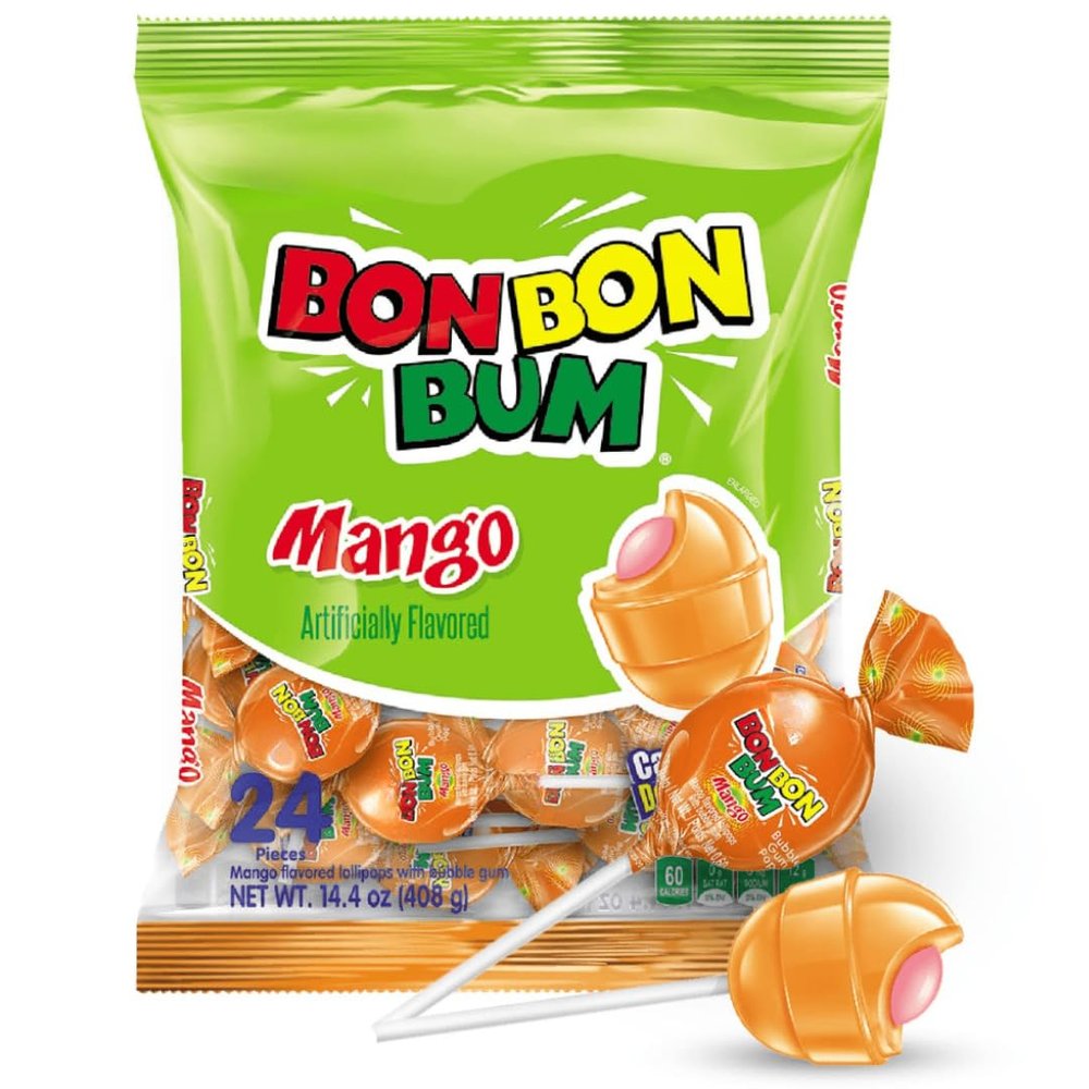 Fruity Lollipop Bon Bon Bum with Bubble Gum center Perfect for Parties and Sharing (24 Pieces, Mango)