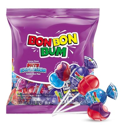 Fruity Lollipop Bon Bon Bum with Bubble Gum center Perfect for Parties and Sharing (10 Pieces, Berry Explosion)