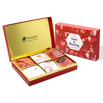 Valentine's Day Tea Gift, Love Is Brewing Tea Sampler by TEASAYS, Premium Whole Leaf Tea Bags with Love Messages, Romantic Gift for Her, Him, Girlfriend, Boyfriend, Wife, Husband, Partner